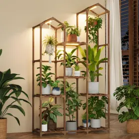 Jz-07e-gl Bamworld Tall Plant Stand For Indoor Plants With Grow Lights Roof-shaped Plan