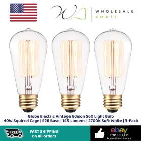 31324 Globe Electric Vintage Edison S60 Light Bulb 40w Squirrel Cage E26 Base 145