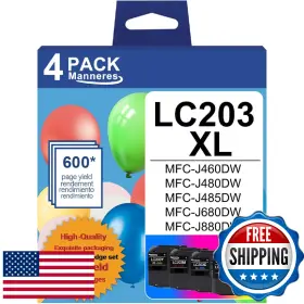 B0cn37mbcn Manneres Lc203 Xl Ink Cartridges 4-pack Bk/c/m/y High Yield For Brother Mfc Printers